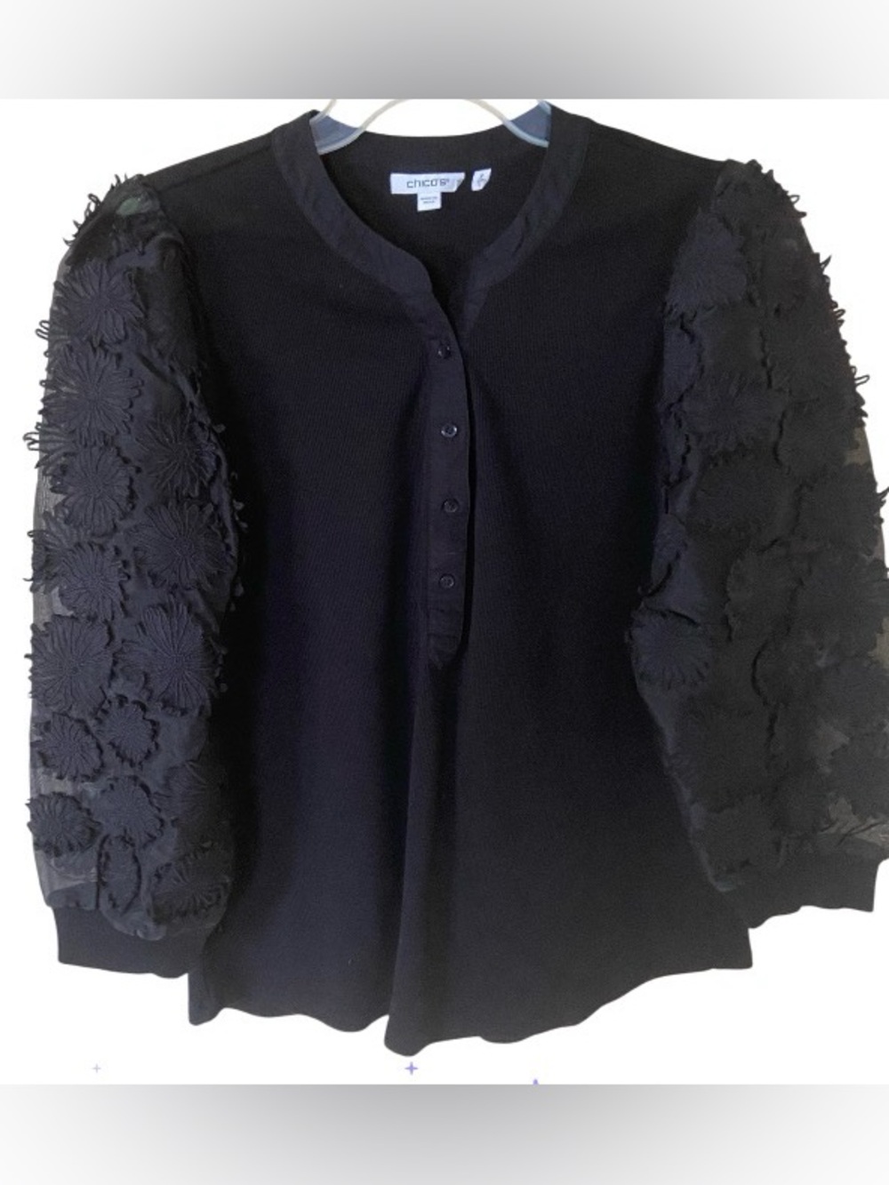 Chico's Black Textured Puff-Sleeve top size 2/L